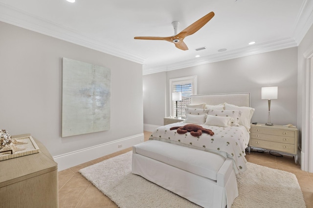 bedroom featuring light tile patterned floors, baseboards, and crown molding