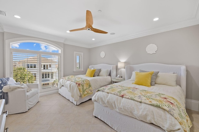 bedroom featuring recessed lighting, visible vents, ornamental molding, light tile patterned flooring, and ceiling fan