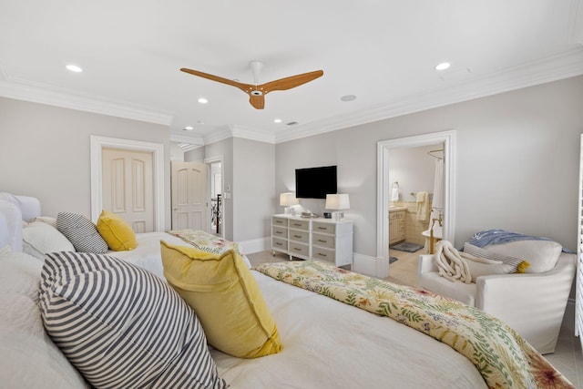 bedroom featuring ornamental molding, recessed lighting, ensuite bath, and baseboards