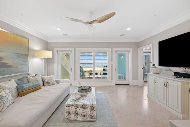 living area featuring light tile patterned floors, recessed lighting, a ceiling fan, and crown molding