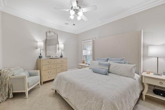 bedroom featuring a ceiling fan and crown molding