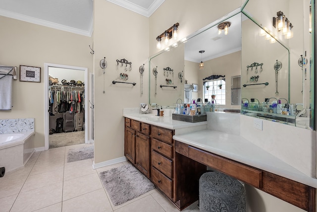 bathroom with tile floors, tiled bath, crown molding, and double vanity