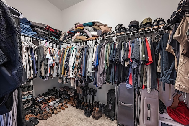 walk in closet with carpet flooring