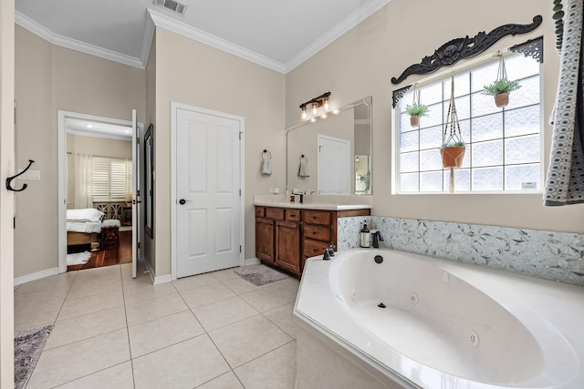 bathroom with tile flooring, ornamental molding, and large vanity