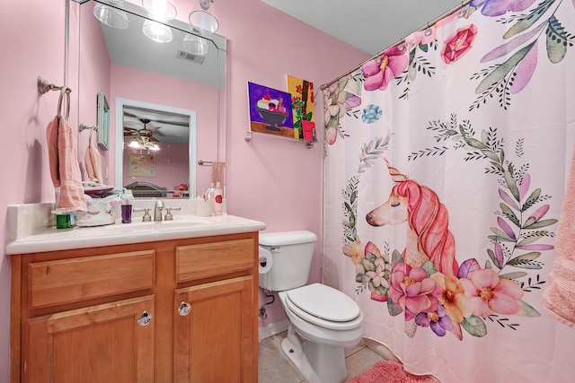 bathroom with ceiling fan, vanity, toilet, and tile floors