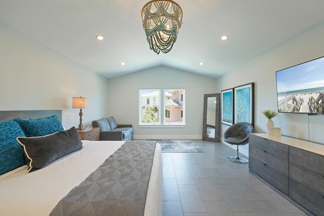 tiled bedroom with vaulted ceiling