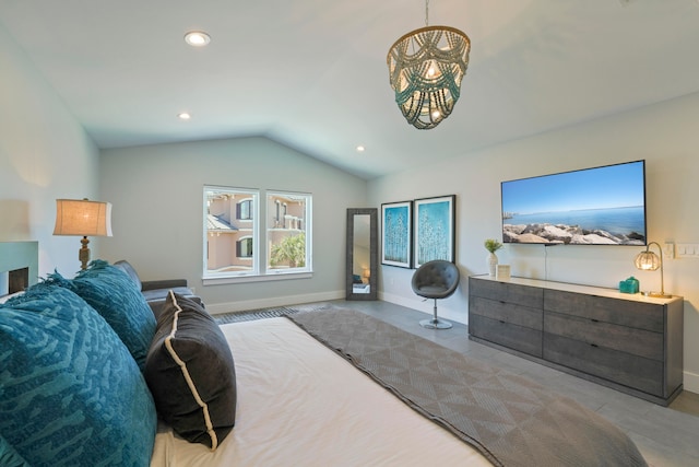 tiled bedroom featuring vaulted ceiling