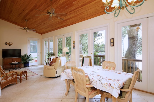 sunroom / solarium with lofted ceiling, ceiling fan with notable chandelier, wooden ceiling, and a wealth of natural light