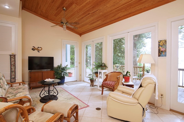 sunroom featuring vaulted ceiling, ceiling fan, and wooden ceiling