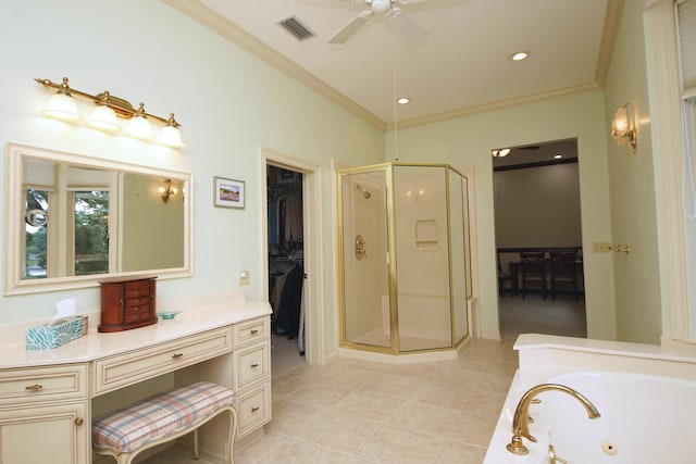 full bath with visible vents, ornamental molding, a shower stall, a whirlpool tub, and tile patterned floors