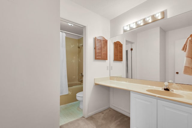 full bathroom featuring toilet, tile flooring, shower / bath combination with curtain, vanity, and a textured ceiling