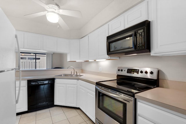 kitchen with sink, white cabinetry, ceiling fan, and black appliances