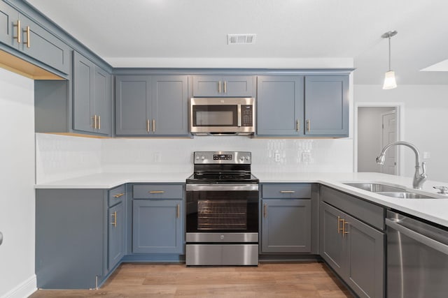 kitchen featuring tasteful backsplash, sink, hanging light fixtures, stainless steel appliances, and light hardwood / wood-style flooring