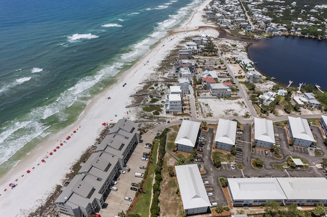 aerial view featuring a beach view and a water view