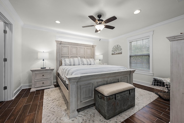 bedroom with ceiling fan, ornamental molding, and dark wood-type flooring