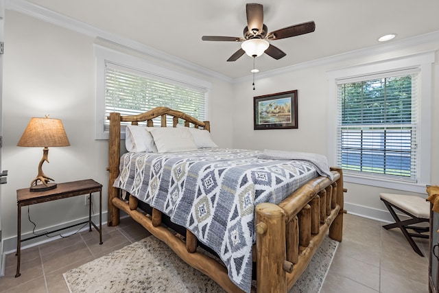 bedroom with ceiling fan, tile patterned flooring, and ornamental molding