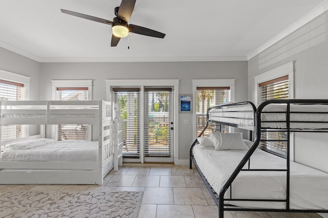 tiled bedroom with ceiling fan, crown molding, and access to exterior