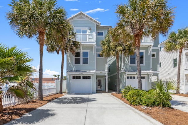 coastal home with a garage and a balcony