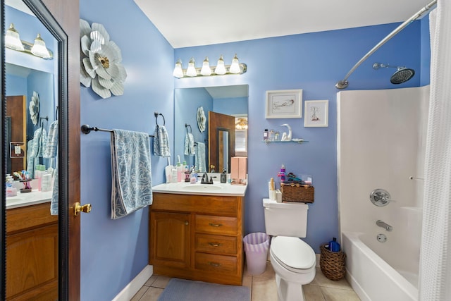 full bathroom with toilet, tile flooring, shower / tub combo, and oversized vanity