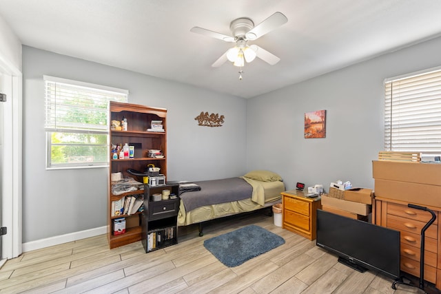 bedroom featuring ceiling fan and light wood-type flooring