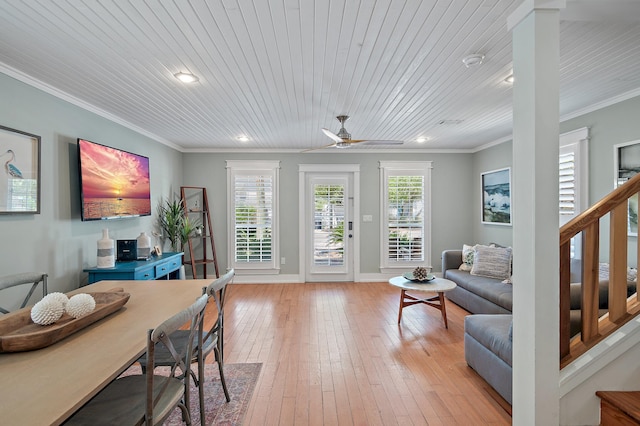 living room featuring light wood-type flooring, ceiling fan, crown molding, and wood ceiling