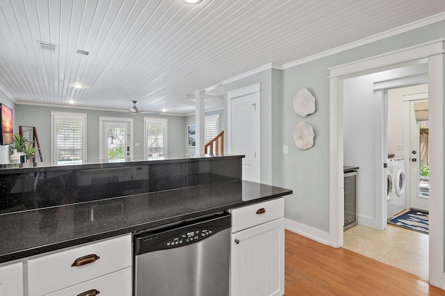 kitchen with washing machine and clothes dryer, dishwasher, wooden ceiling, light hardwood / wood-style floors, and white cabinets