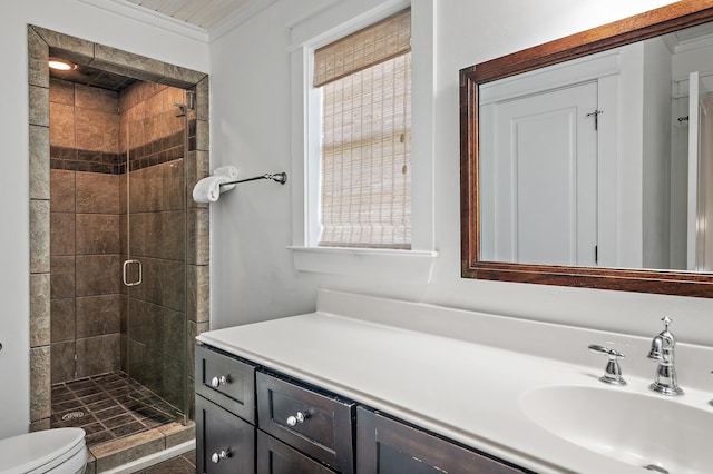 bathroom featuring a shower with door, vanity, a healthy amount of sunlight, and toilet