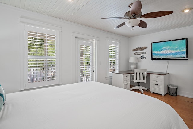 bedroom with access to exterior, multiple windows, light hardwood / wood-style flooring, and ceiling fan