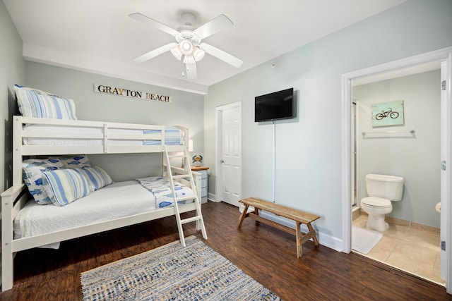 bedroom featuring ceiling fan, ensuite bathroom, and wood-type flooring