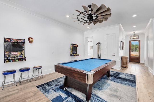 recreation room featuring ceiling fan with notable chandelier, ornamental molding, and billiards