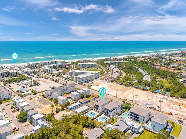 aerial view featuring a water view and a view of the beach