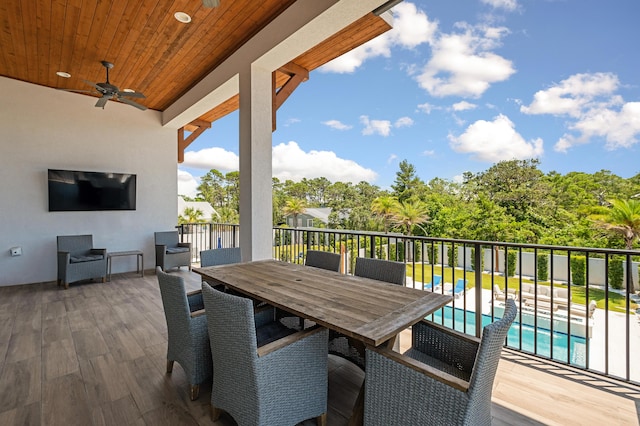 exterior space with a fenced in pool and ceiling fan