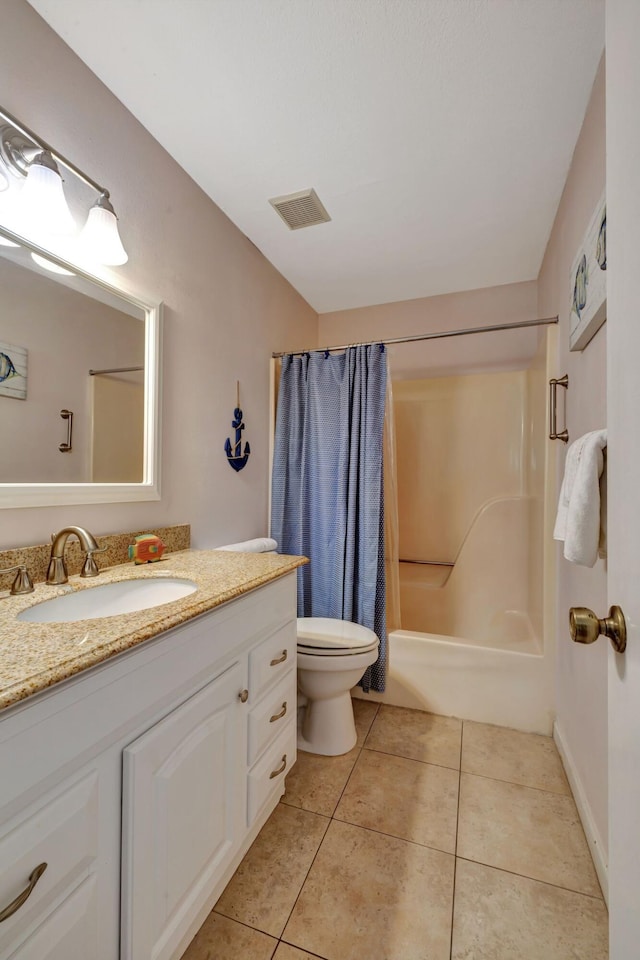 full bathroom featuring tile patterned flooring, vanity, shower / bath combination with curtain, and toilet