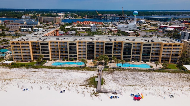 bird's eye view with a water view