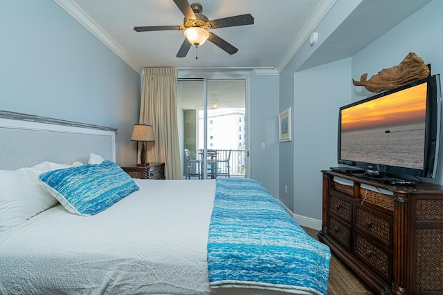 bedroom with ornamental molding, dark hardwood / wood-style flooring, access to exterior, and ceiling fan