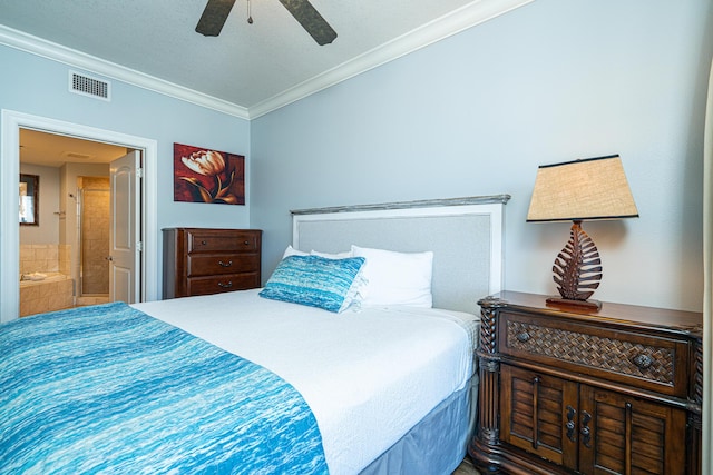 bedroom featuring ceiling fan, ornamental molding, and a textured ceiling