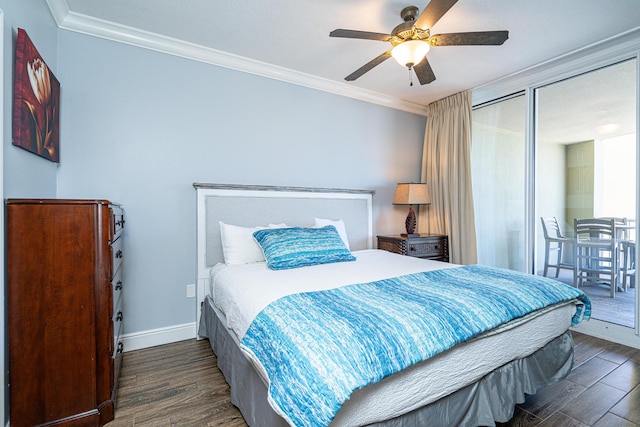 bedroom with dark wood-type flooring, ceiling fan, ornamental molding, and access to exterior