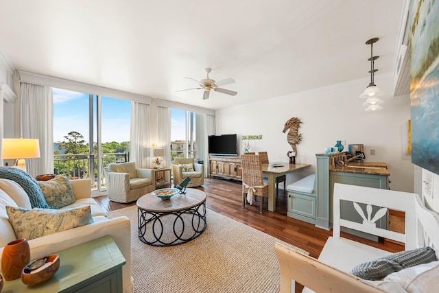 living room with a wealth of natural light, ornamental molding, hardwood / wood-style flooring, and ceiling fan