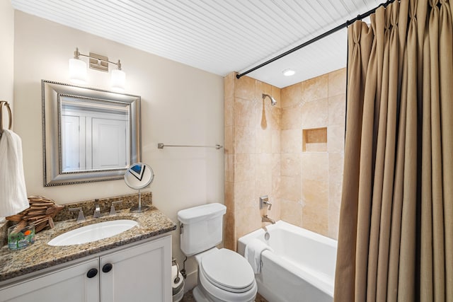 full bathroom with shower / bathtub combination with curtain, toilet, and large vanity