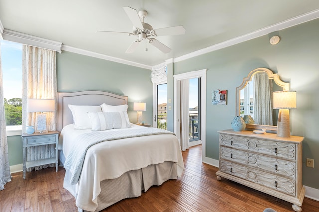 bedroom with ceiling fan, access to outside, ornamental molding, and dark wood-type flooring