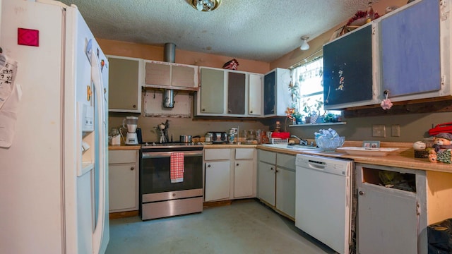 kitchen with sink, white cabinetry, white appliances, and a textured ceiling