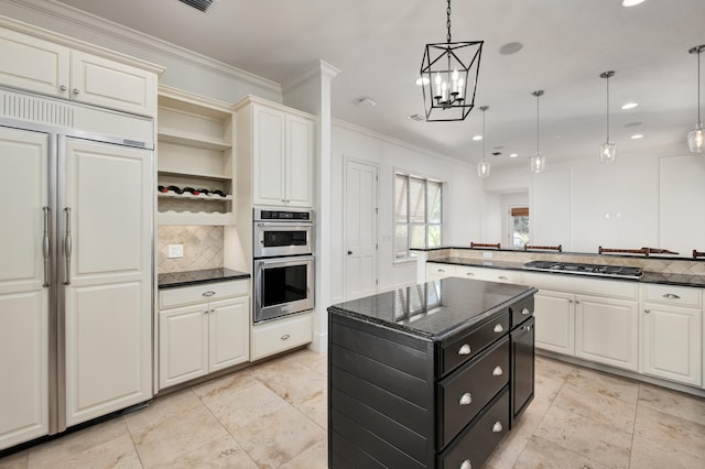 kitchen featuring a center island, hanging light fixtures, appliances with stainless steel finishes, backsplash, and light tile floors