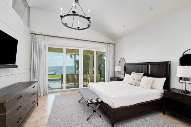 bedroom featuring a water view, access to exterior, a notable chandelier, high vaulted ceiling, and light tile floors