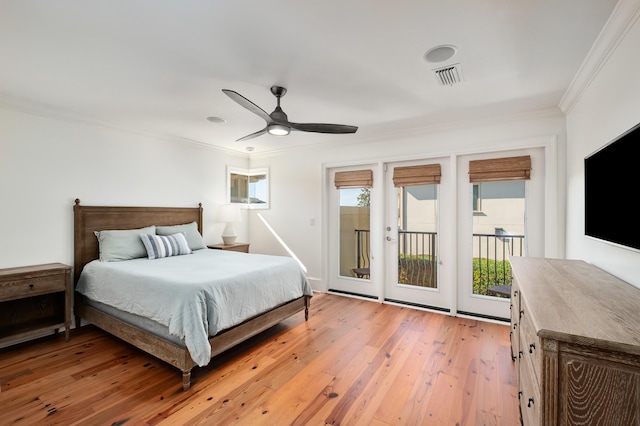 bedroom featuring wood-type flooring, ornamental molding, ceiling fan, and access to outside