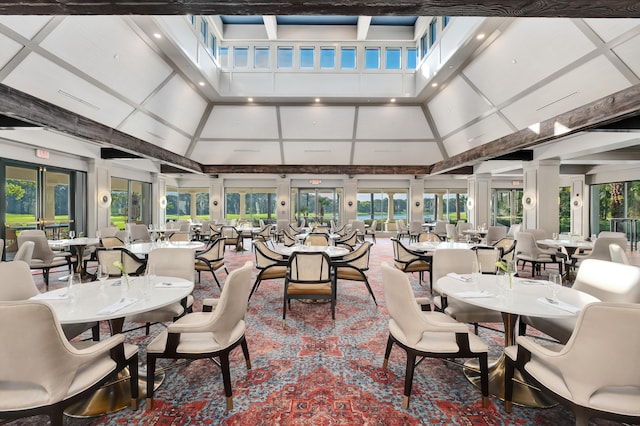 dining room with coffered ceiling and french doors