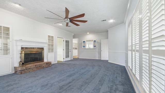 unfurnished living room with a textured ceiling, dark colored carpet, and ceiling fan