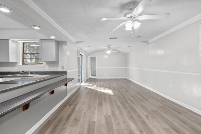 kitchen featuring ceiling fan, hardwood / wood-style floors, sink, a textured ceiling, and lofted ceiling