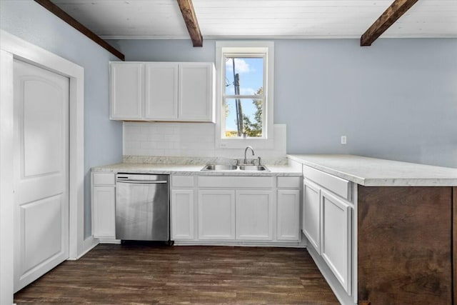 kitchen featuring stainless steel dishwasher, dark hardwood / wood-style floors, white cabinetry, and sink