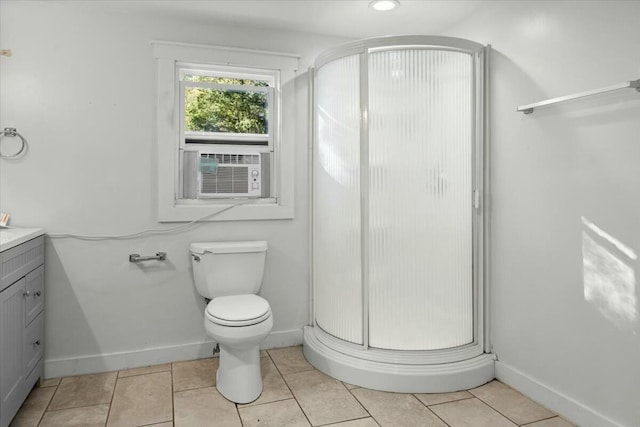 bathroom featuring vanity, tile patterned floors, cooling unit, toilet, and walk in shower