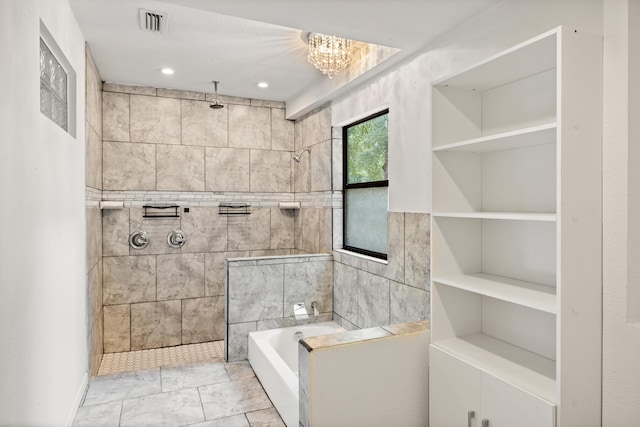 bathroom featuring separate shower and tub, tile walls, and an inviting chandelier